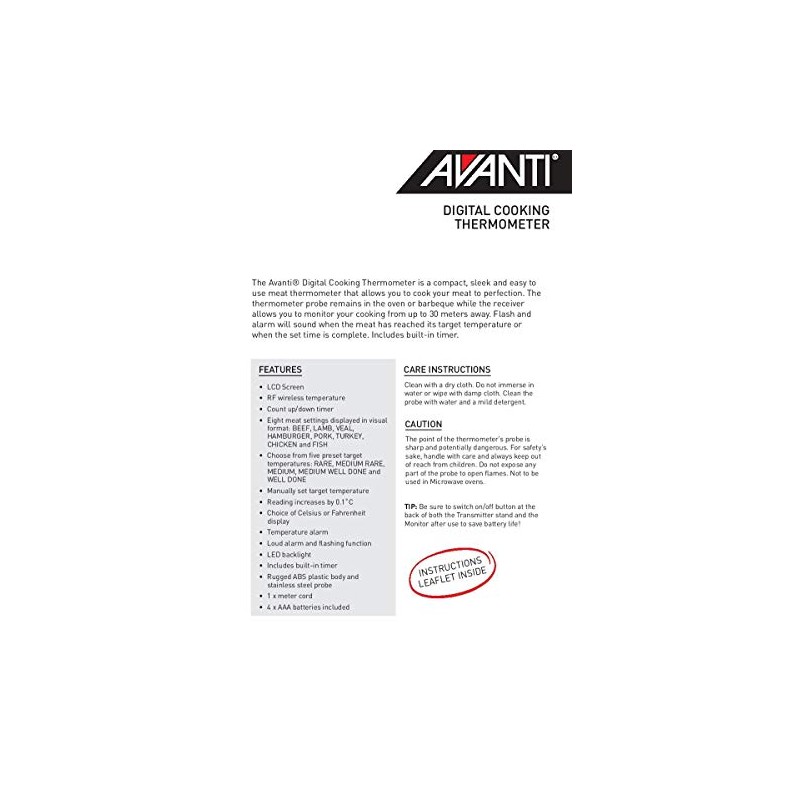 Avanti Digital Cooking Thermometer, White