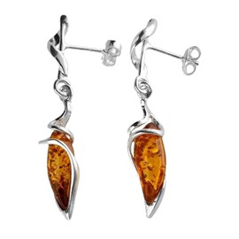 Sterling Silver Fancy Baltic Honey Dangly/Dangle Drop Amber Earrings for Women/Ladies/Girls - 925 Sterling Silver - Unusual Marquise-Shaped Cognac Amber Jewellery 070435