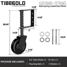 TIBEGOLD 4.3" Heavy Duty Gate Wheel, Black Gate Casters for Outdoor Wooden Gate Fence, Spring Loaded Gate Caster Wheel with Bearing, Gate Wheels with 360° Swivel, 2 Pack
