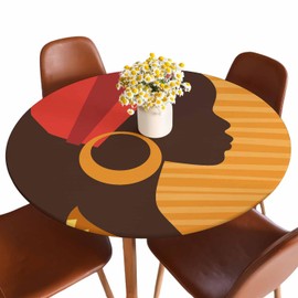 Guxxuil African Girl Round Table Cloth Cover Woman in Profile with Earrings Yellow Tablecloth for Indoor Outdoor Picnic Party Fit for 40"-44" Round Tables