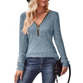 Gemulate Lightweight Christmas Sweaters for Women,Ladies Long Sleeve Solid Sweatshirt Tops v Neck Striped Summer Jumpers Female Light Blue-G L