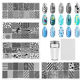 KAAGEE 5Pcs Nail Stamping Plates Geometry Nail Stamp Nail Art Stamping Plates Nail Design Stamp Nail Plate Template Nail Art Accessories with 1 Nail Stamper, 1 Scraper