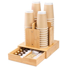 Vilaxing Coffee Station Organizer for Countertop, Coffee Bar Accessories and Organizer,4 Compartment Disposable Cup and lid Dispenser storage basket for coffee pod straw,Bamboo