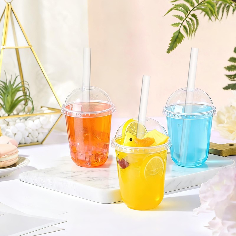 50 Sets Clear Plastic Cups with Dome Lids and Straws,