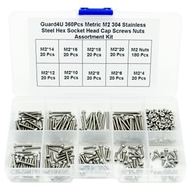 Guard4U 360Pcs Metric M2 304-Stainless Steel Hex Socket Head Cap Screws Nuts Assortment Kit- M2 x 4mm/6mm/8mm/10mm/12mm/14mm/16mm/18mm/20mm