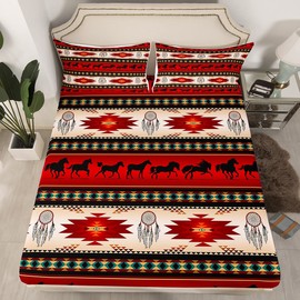 Erosebridal Horse Fitted Sheet Dream Catchers Sheet Set for Cowboy Cowgirl,Southwestern Native Aztec Horses Bed Sheets Bohemian Tribe Flat Sheet Full Size Farmhouse Wildlife Bedroom Decor,Red