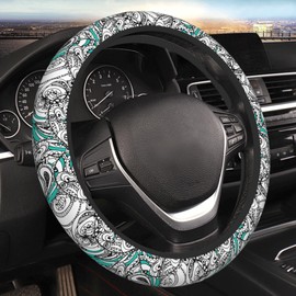 Retro Hawaiian Polynesian Tribal Waves Car Steering Wheel Cover for Women Men 15 Inch Stretch Cloth Anti-Slip Wrap Protector Case Fit Universal Auto Accessories Decor Sweat Absorption