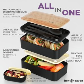 Bentoheaven Premium Bento Box Adult Lunch Box with Compartments for Women & Men, Set of Utensil & Chopsticks & Dip Container, Cute Japanese Kids Bento Lunch Box, Microwavable (Symph-Onyx)