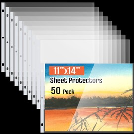 50 Pack 11 x 14 Inch Sheet Protectors, Heavyweight Landscape Sleeves 11 x 14 Ledger Size Clear Plastic Binder Sleeves, 3 Hole Punched Fits 3 Ring Binders
