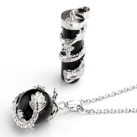 Jovivi 2pcs Natural Black Agate Crystal Dragon Wrapped Round Ball Cylinder Gemstone Healing Crystal Pendant Necklaces Sets for Couples Valentines Day Gifts
