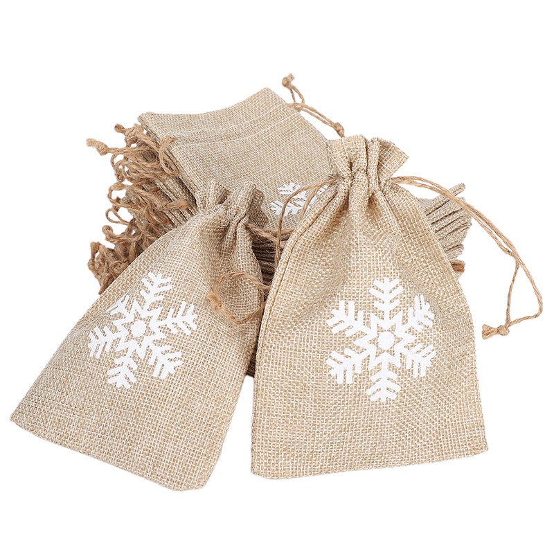 25Pcs Drawstring Bag Like Linen Snow Pattern Gift Bag Christmas