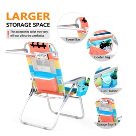 VINGLI Tall Beach Chair 2 Pack, with 5-Position, Cooler Bag, Cup Holders, Towel Bar, Lightweight Folding Beach Camping Chairs for Adults(Rainbow-16)