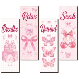 Honoson 4 Pcs Bathroom Wall Decor Pictures Wooden Relax Soak Unwind Breathe Hanging Signs of Wooden Wall Art for Home Spa Laundry(Bow)