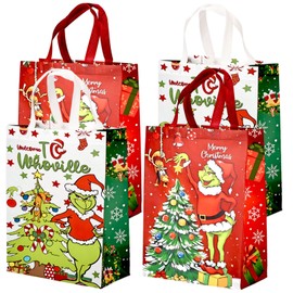 40x30cm Gift Bags, Grinch 4Pack Christmas Reusable Grocery Bag with Handle, Large Tote Gift Present Bag, Shopping Bag for Holiday Xmas Girls Boys