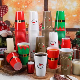Bokon 100 Pcs 16 oz Christmas Cups Plastic Santa Disposable Cups Santa Belt Snowman Elk Designs Xmas Reusable Tumblers for Beer Coffee Tea Xmas Party Supplies
