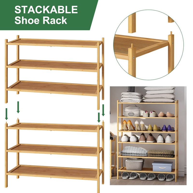 kiplant 3-Tier Shoe Rack for Closet, Bamboo Wood Shoe Rack