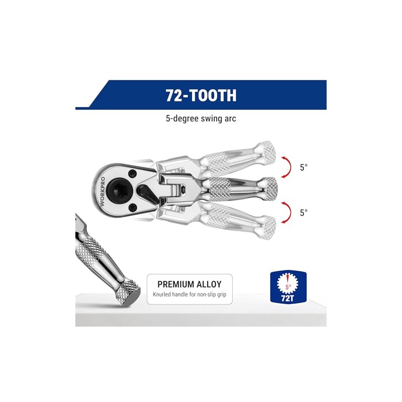 WORKPRO 1/4" Drive Stubby Ratchet, 2-In-1 Socket Wrench Flex Head