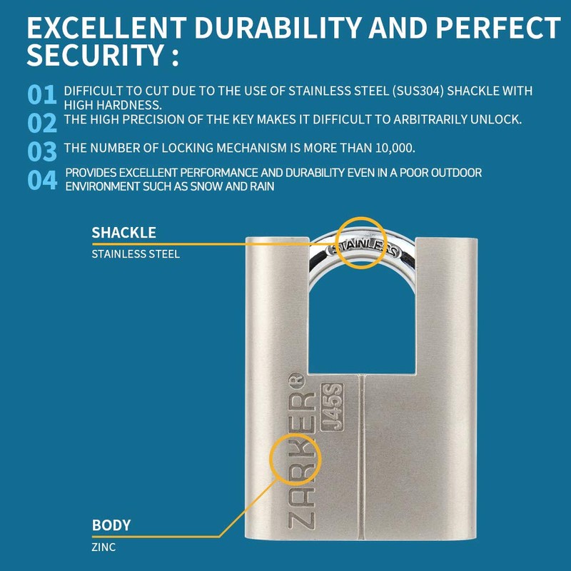 Zarker J45S keyed Alike Padlocks, Heavy Duty Stainless Steel Shackle