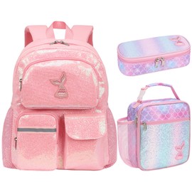 BrainyBees Glitter Kids Backpack for Girls - 15 Inch Kindergarten Backpack Preschool Backpack for Girls 3 to 8, Lightweight Elementary School Backpack with Lunch Box and Pencil Case Set