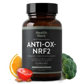 Anti-Ox NRF2 | Antioxidante Ácido Alfa Lipoico Quercetina Resveratrol Vitamina C E Curcumina Extracto de Brócoli Romero NMN | Envejecimiento Saludable | 60 Cápsulas | Health Hack