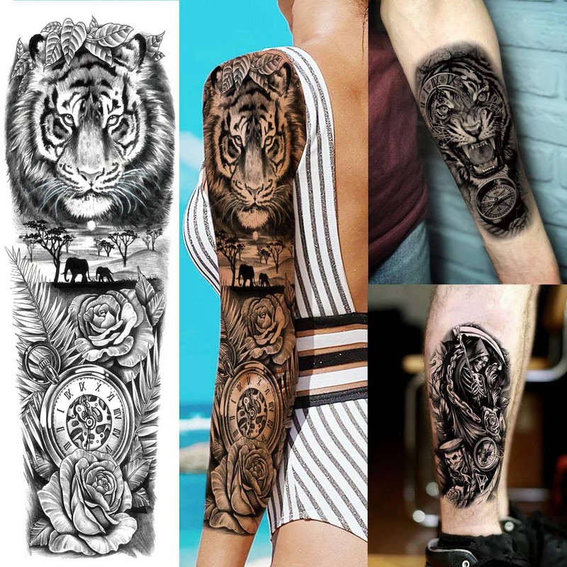 20 Sheets Extra Large Tiger Full Arm Temporary Tattoos For