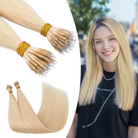 S-noilite Nano Hair Extensions Real Human Hair Bleach Blonde - Nano Beads Hair Extensions 50 Strands 35g I Tip Cold Fusion 14 Inch Invisible Nano Ring