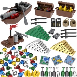 LANMANUO 221 PCS Money Bank Building Block, Pirate Ships Maps Treasure Chest City 100 Dollar Jewel Gems Diamonds Gold Bar Coins Bricks Pieces, Crystals Bill Cash Parts Sets