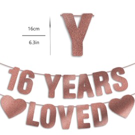 16th Birthday Decorations for Girls, Pre-Strung 16 YEARS LOVED Banner - Rose Gold Glitter, Happy Sweet 16 Bday Sign Gifts for Her