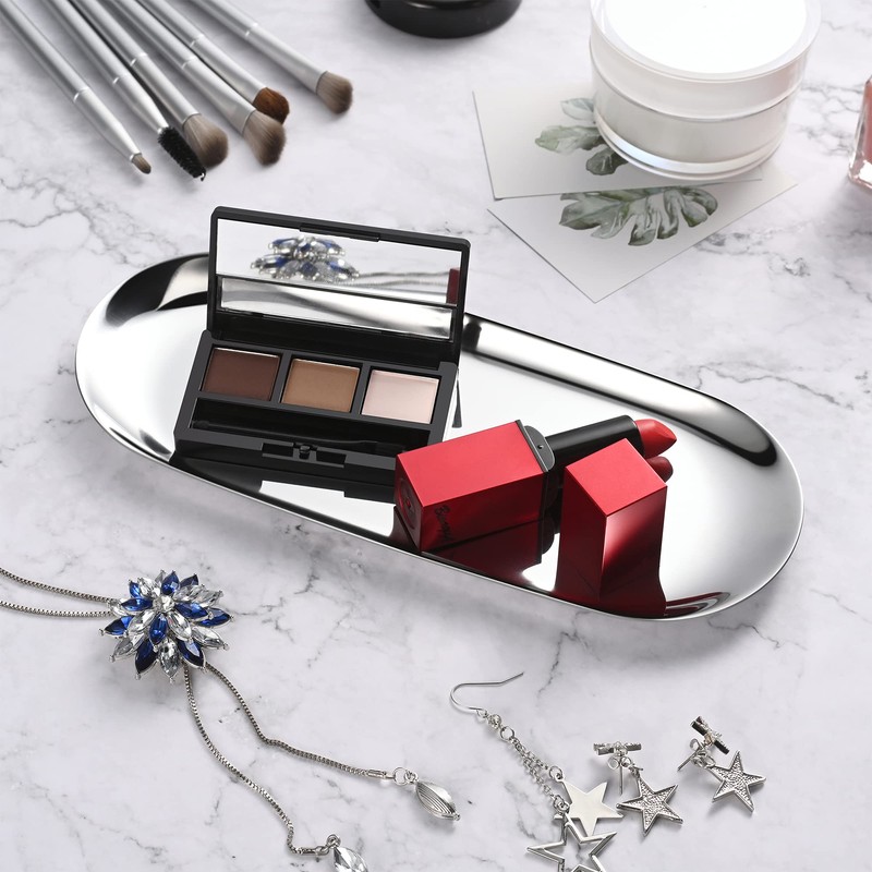 Bidponds Silver Oval Vanity Tray, Stainless Steel Bathroom Tray