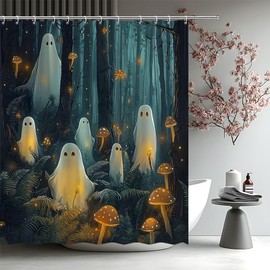 Spooky Ghost Mushroom Shower Curtain Grey Foggy Forest Cute Halloween Fantasy Nature Jungle Gothic Funny Holiday Polyester Bathroom Curtains Set with Hooks 70"x70"