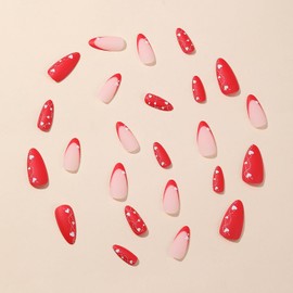 Red Heart Press on Nails Almond 24Pcs Matte Full Cover Acrylic Medium French Tips Fake Nails with Heart Designs Valentine's day Artificial False Nails with Glue Stick on Fingernails for Women
