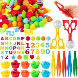 EZdhuawuse Letters Numbers Sensory Bin Fillers - 240 Alphanumeric Fine Motor Toys Color Counting Sorting Set for Kids, Felt ABC Letter Math Symbols Pom Poms Cup Clip for Preschool Education Activities