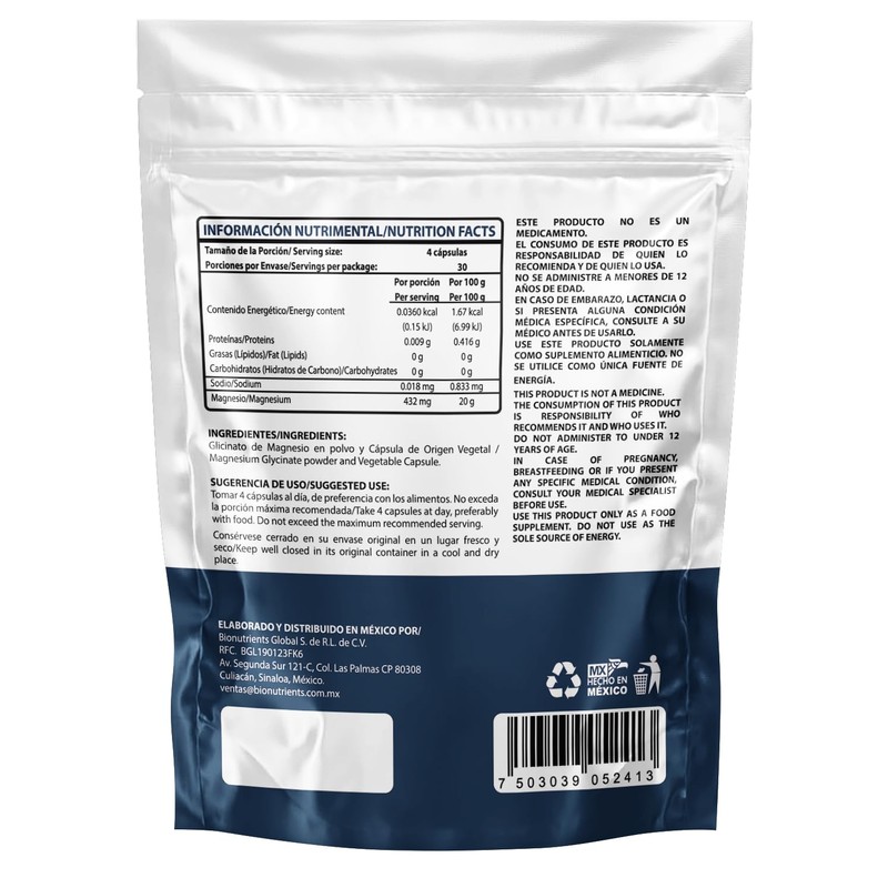 Wellthy Glicinato de Magnesio 120 Cápsulas. 432mg, 100% Natural, Alta