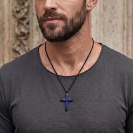 YYB Cross Necklace for Men Black Cross Lapis Lazuli Chain Pendant Christian Jewelry Gifts for Mens