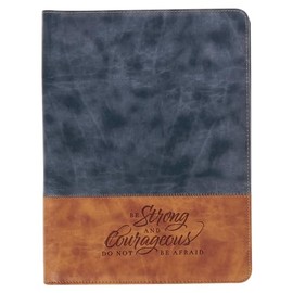 Christian Art Gifts Premium Vegan Leather Zippered Portfolio for Men w/Inspirational Scripture: Strong & Courageous, Encouraging Bible Verse w/Pen & Highlighter Combo for Notetaking, Navy Blue/Brown