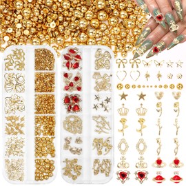 2 Boxes Metal Gold Nail Charms and Gems, 3D Alloy Heart Star Flatback Beads Crown Gems Charms for Nail, Mixed Shapes Golden Flower Red Heart Gems for Nails Art Studs DIY Accessories