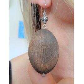 Large wooden discs with two-piece Bali Miao pearl, tribal ethnic earrings with own made ear hooks, silver and brown
