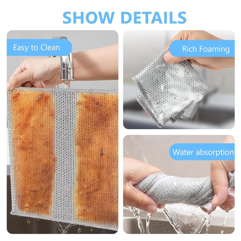 10PCS Double Layer Wire Dishwashing Cloths, 20x20 cm Multifunctional Non