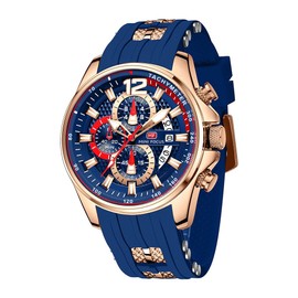 LOYEWAIER Modern Men Watches Luminous Quartz Analog 3ATM Water Resistant Rose Bezal Blue Silicone Strap Watches for Man with Chronograph,Calendar