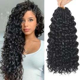 Gogo Curl Crochet Hair 18 Inch 8 Packs Pretwisted Curly Crochet Hair Pre looped Ocean Wave Crochet Hair Water Wave Deep Twist Crochet Synthetic Braiding Hair for Women Girl Kids (Black)