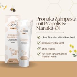 bedrop Pronuka Toothpaste with Propolis & Manuka Oil Fluoride-Free, Natural, No Microplastics & No Titanium Dioxide, Natural Toothpaste with Lemon-Mint Flavour (75 ml)