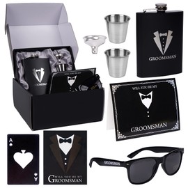 6 Pieces Groomsmen Gifts Groomsman Proposal Wedding Party Box Set:8oz Stainless Steel Tuxedo Flask with cups Poker Bottle Cap Opener Sunglass Card Sticker Groomsman Box for Wedding Bachelor Party