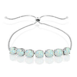 Sterling Silver Genuine, Created or Simulated Gemstone 9x7mm Oval-cut Adjustable Bracelet, Metal, Opal