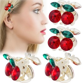 YALOJE 4 Pcs Small Cherry Hair Clips, Cute Red Rhinestone Claw Clips for Women, Electroplated Metal Fruit Claw Barrettes, Decorative Cherry Hair Accessories for Half Up Styles, Braids