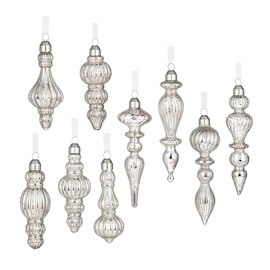 Glass Christmas Ball Drop Finial Ornaments Holiday Trees Wreaths & Garland Decor Silver Color (9 Pieces)
