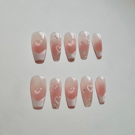 100% Hand-painted Cute Blush Nail Heart Square Medium Length Y2K Korean Japanese Douyin Inspired 3D Gemstones Durable Reusable Gel Acrylic Press-on Nails 10 pc set (L)