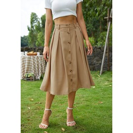 HERBATOMIA A-line Pleated Midi Skirt Elastic Waist Casual Flared Button Front Long Khaki Skirts with Pocket for Women