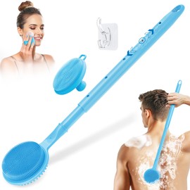 GEENOA Adjustable Silicone Back & Face Scrubber Set, 16''-24'' Extendable Shower Back Scrubber with Dual-Side Head and Lathering Bristles, Manual Face Scrubber with Soft Bristles Non-Slip Handle(Blue)
