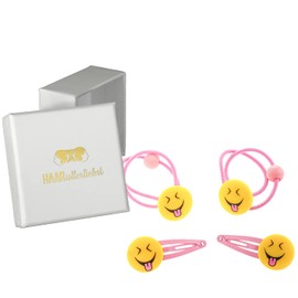 HAARallerliebst Hair Accessories Set (4 Pieces | Emojis with Tongue | Pink Yellow) for Girls with Storage Box (Box Colour: White)
