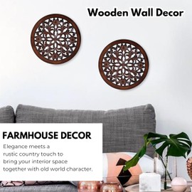 Woodify Hand-Carved Wooden Round Wall Décor - Set of 2, 12" x 12" Decorative Wood Panels, Floral Design, Natural Burnt Finish, Wall Art for Living Room & Home Décor